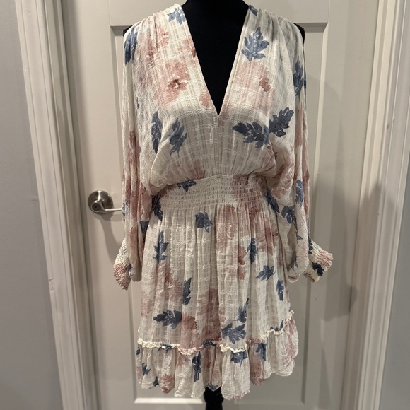 Lovestitch V-Neck Mini Dress, M, EUC, Pink/Blue Floral/Cream background - Picture 1 of 11